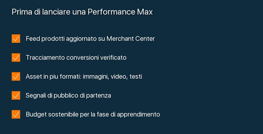Checklist con cosa preparare prima di lanciare una campagna Performance Max