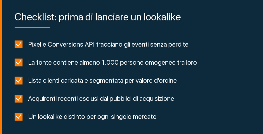 Checklist dei controlli da fare prima di creare un lookalike su Meta Ads