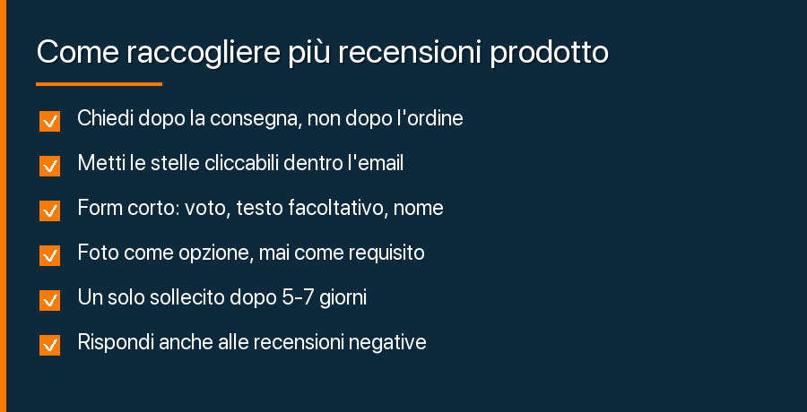 Checklist con sei passaggi per raccogliere recensioni prodotto in un e-commerce